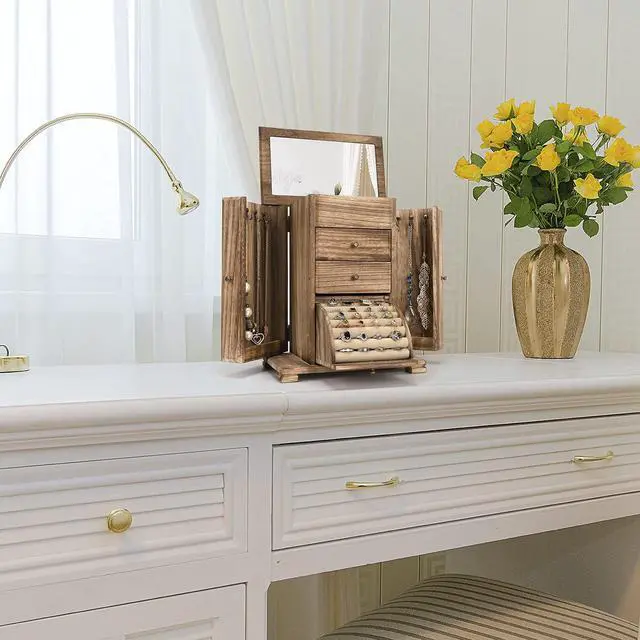 Alt view image 6 of 7 - Jewelry Box for Women, Rustic Wooden Jewelry Boxes & Organizers with Mirror, 4 Layer Jewelry Organizer Box Display for Rings Earrings Necklaces Bracelets (Rustic Brown)