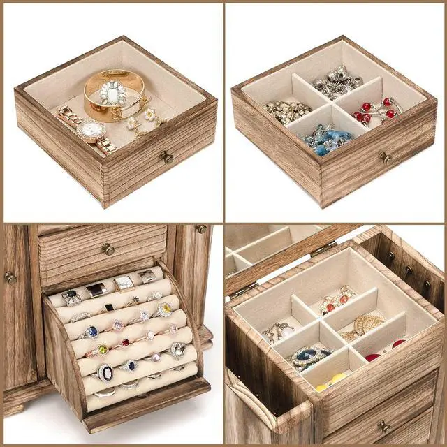 Alt view image 5 of 7 - Jewelry Box for Women, Rustic Wooden Jewelry Boxes & Organizers with Mirror, 4 Layer Jewelry Organizer Box Display for Rings Earrings Necklaces Bracelets (Rustic Brown)