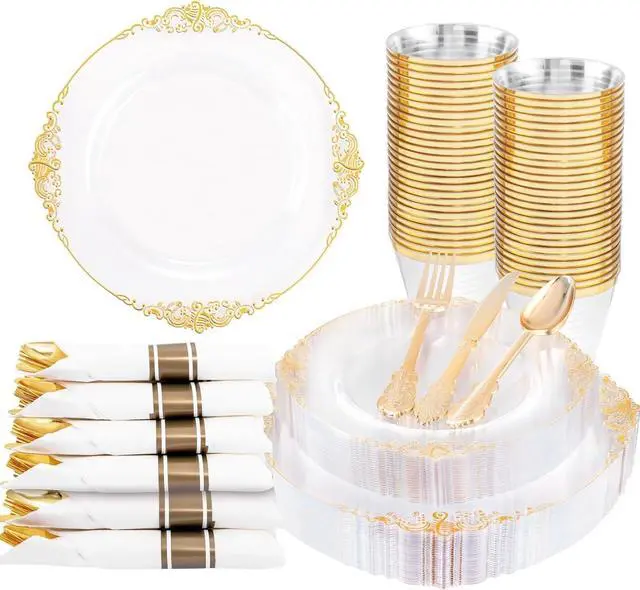Main image of 175PCS Clear Gold Plastic Plates - Disposable Gold Party Plates & Pre Rolled Napkins with Cutlery for 25 Guests, 50Plates, 75Silverware, 25Cups, 25Napkin for Wedding & Party