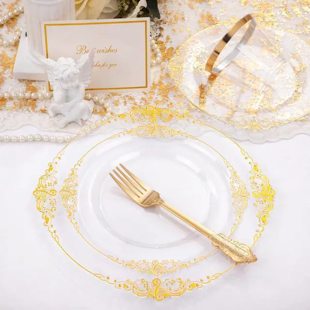 Alt view image 2 of 7 - 175PCS Clear Gold Plastic Plates - Disposable Gold Party Plates & Pre Rolled Napkins with Cutlery for 25 Guests, 50Plates, 75Silverware, 25Cups, 25Napkin for Wedding & Party
