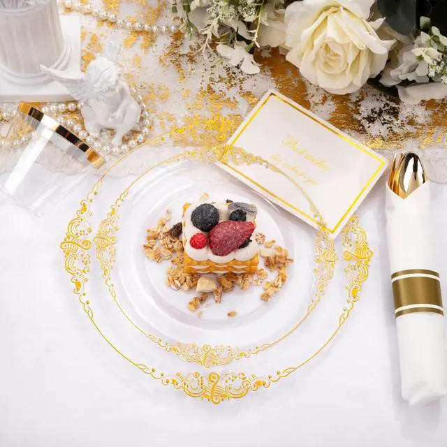 Alt view image 5 of 7 - 175PCS Clear Gold Plastic Plates - Disposable Gold Party Plates & Pre Rolled Napkins with Cutlery for 25 Guests, 50Plates, 75Silverware, 25Cups, 25Napkin for Wedding & Party