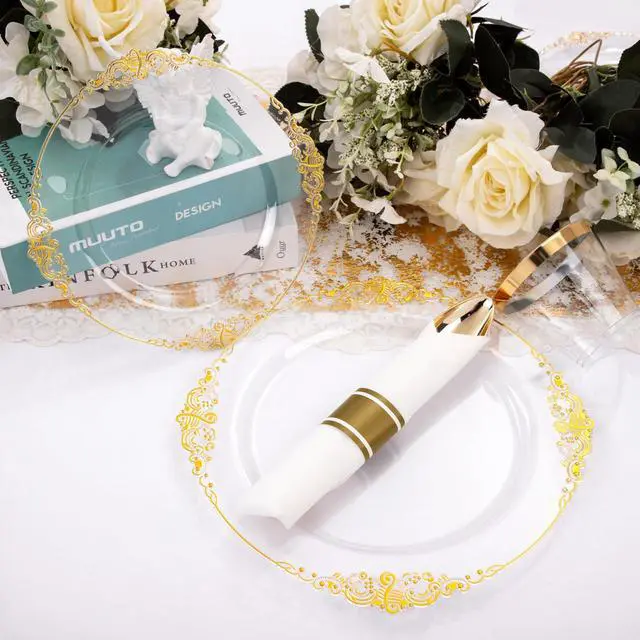 Alt view image 4 of 7 - 175PCS Clear Gold Plastic Plates - Disposable Gold Party Plates & Pre Rolled Napkins with Cutlery for 25 Guests, 50Plates, 75Silverware, 25Cups, 25Napkin for Wedding & Party