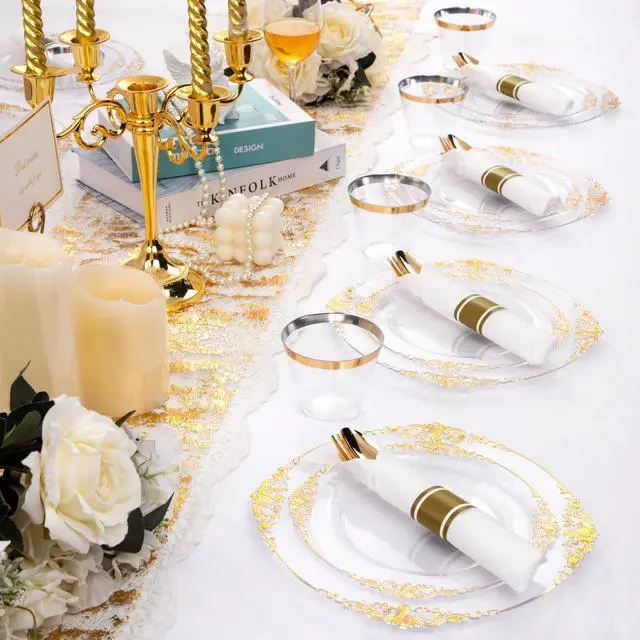 Alt view image 6 of 7 - 175PCS Clear Gold Plastic Plates - Disposable Gold Party Plates & Pre Rolled Napkins with Cutlery for 25 Guests, 50Plates, 75Silverware, 25Cups, 25Napkin for Wedding & Party