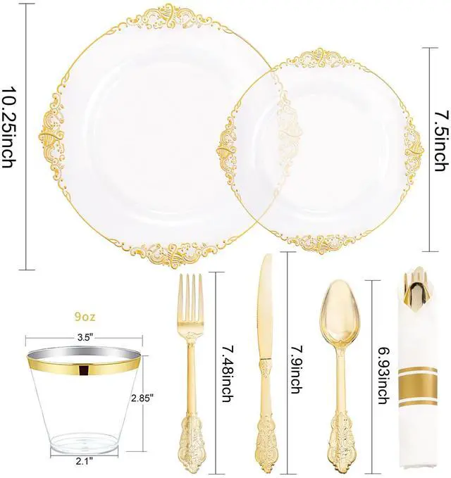 Alt view image 7 of 7 - 175PCS Clear Gold Plastic Plates - Disposable Gold Party Plates & Pre Rolled Napkins with Cutlery for 25 Guests, 50Plates, 75Silverware, 25Cups, 25Napkin for Wedding & Party
