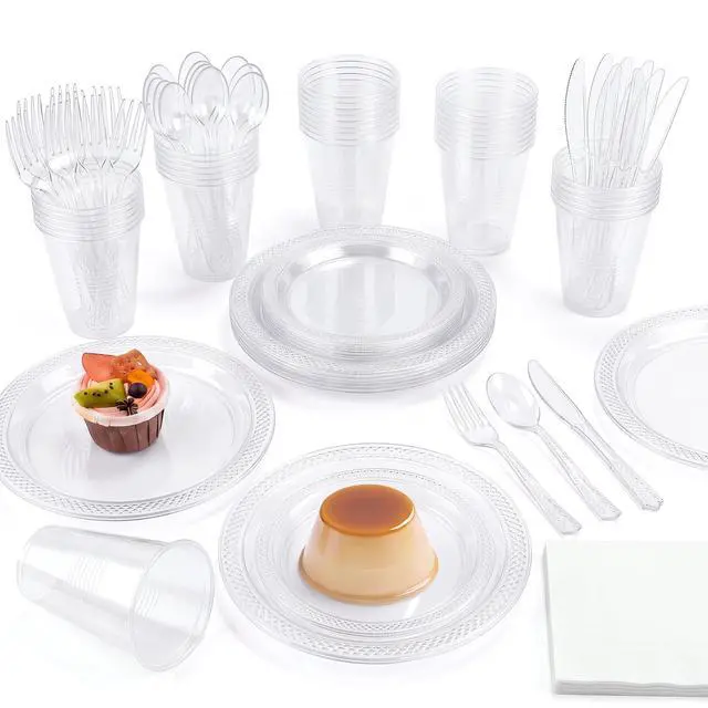Main image of 200 Pieces Clear Party Supplies Disposable Dinnerware Set Include Plastic Plates Cups Knives Forks Spoons Paper Napkins for Birthday Wedding Graduation Parties, Serve 25 Guests
