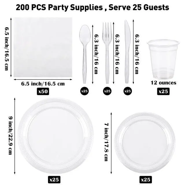 Alt view image 2 of 6 - 200 Pieces Clear Party Supplies Disposable Dinnerware Set Include Plastic Plates Cups Knives Forks Spoons Paper Napkins for Birthday Wedding Graduation Parties, Serve 25 Guests