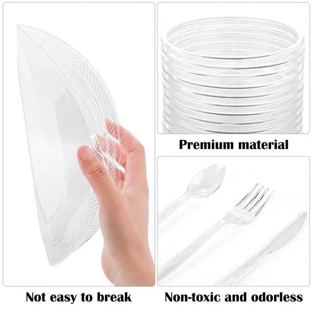 Alt view image 3 of 6 - 200 Pieces Clear Party Supplies Disposable Dinnerware Set Include Plastic Plates Cups Knives Forks Spoons Paper Napkins for Birthday Wedding Graduation Parties, Serve 25 Guests