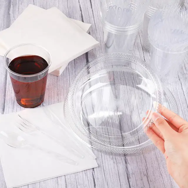 Alt view image 4 of 6 - 200 Pieces Clear Party Supplies Disposable Dinnerware Set Include Plastic Plates Cups Knives Forks Spoons Paper Napkins for Birthday Wedding Graduation Parties, Serve 25 Guests