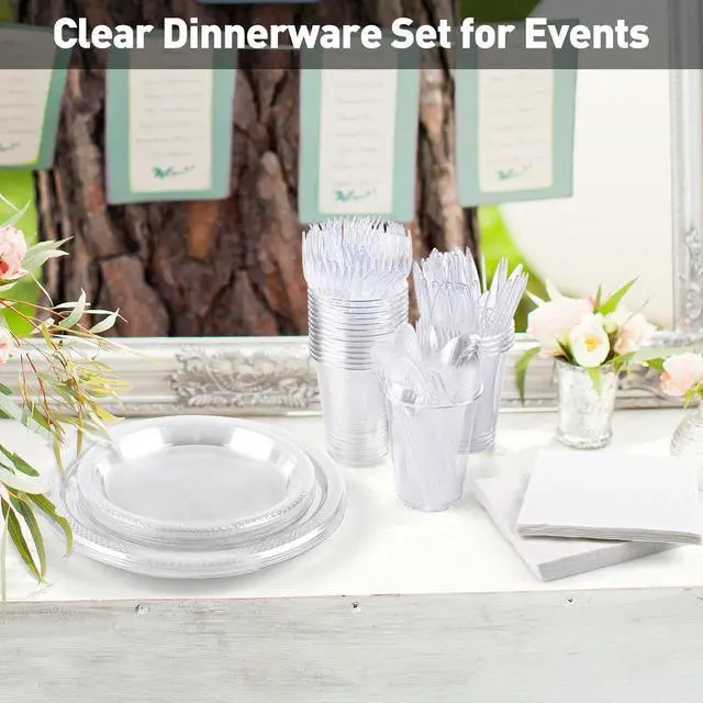 Alt view image 5 of 6 - 200 Pieces Clear Party Supplies Disposable Dinnerware Set Include Plastic Plates Cups Knives Forks Spoons Paper Napkins for Birthday Wedding Graduation Parties, Serve 25 Guests