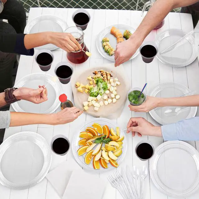 Alt view image 6 of 6 - 200 Pieces Clear Party Supplies Disposable Dinnerware Set Include Plastic Plates Cups Knives Forks Spoons Paper Napkins for Birthday Wedding Graduation Parties, Serve 25 Guests
