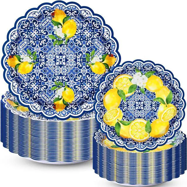 Main image of 100 Pack Capri Lemon Paper Plates Set 9 in 7 in Blue Tiles Yellow Lemon Plates Disposable Italian Amalfi Coast Party Decorations for Birthday Wedding Engagement Party Supplies, Serve 50 Guest