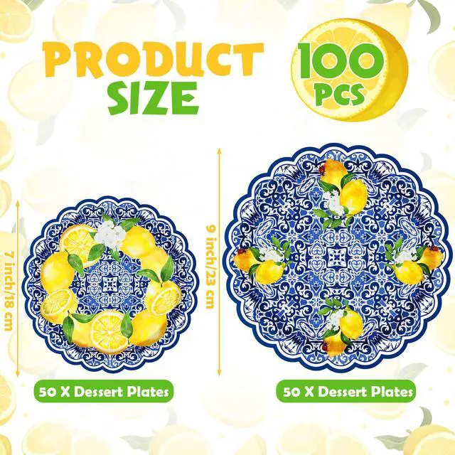 Alt view image 2 of 7 - 100 Pack Capri Lemon Paper Plates Set 9 in 7 in Blue Tiles Yellow Lemon Plates Disposable Italian Amalfi Coast Party Decorations for Birthday Wedding Engagement Party Supplies, Serve 50 Guest