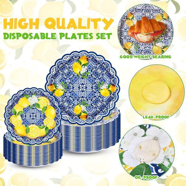 Alt view image 3 of 7 - 100 Pack Capri Lemon Paper Plates Set 9 in 7 in Blue Tiles Yellow Lemon Plates Disposable Italian Amalfi Coast Party Decorations for Birthday Wedding Engagement Party Supplies, Serve 50 Guest