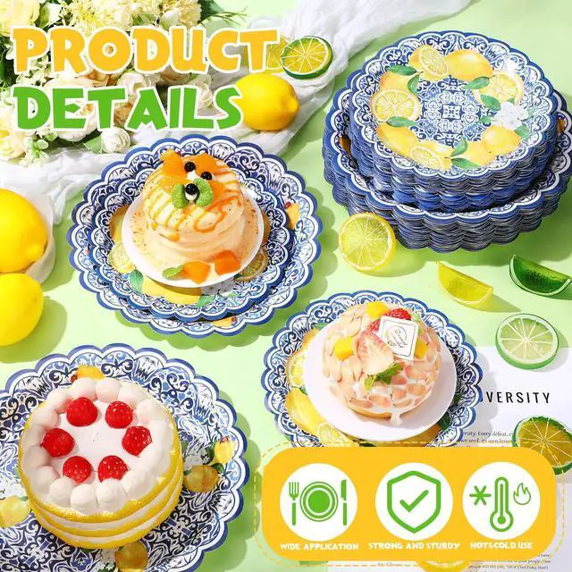 Alt view image 4 of 7 - 100 Pack Capri Lemon Paper Plates Set 9 in 7 in Blue Tiles Yellow Lemon Plates Disposable Italian Amalfi Coast Party Decorations for Birthday Wedding Engagement Party Supplies, Serve 50 Guest
