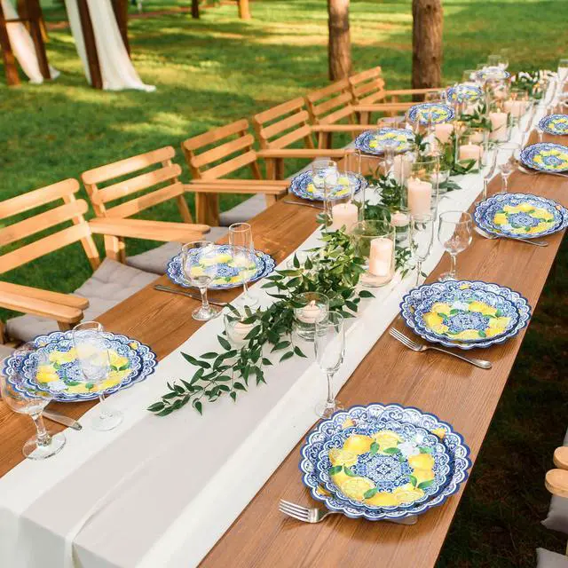 Alt view image 5 of 7 - 100 Pack Capri Lemon Paper Plates Set 9 in 7 in Blue Tiles Yellow Lemon Plates Disposable Italian Amalfi Coast Party Decorations for Birthday Wedding Engagement Party Supplies, Serve 50 Guest