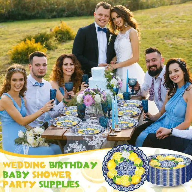 Alt view image 6 of 7 - 100 Pack Capri Lemon Paper Plates Set 9 in 7 in Blue Tiles Yellow Lemon Plates Disposable Italian Amalfi Coast Party Decorations for Birthday Wedding Engagement Party Supplies, Serve 50 Guest