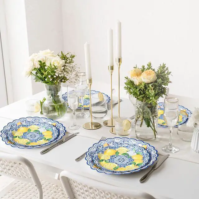 Alt view image 7 of 7 - 100 Pack Capri Lemon Paper Plates Set 9 in 7 in Blue Tiles Yellow Lemon Plates Disposable Italian Amalfi Coast Party Decorations for Birthday Wedding Engagement Party Supplies, Serve 50 Guest