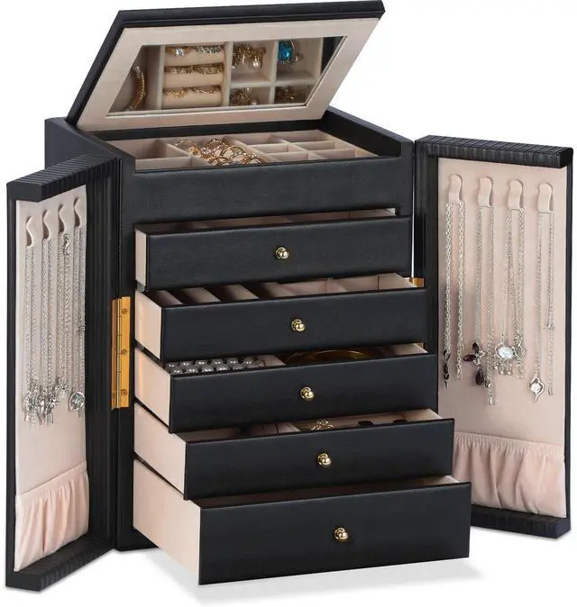 Main image of Large Jewelry Organizer Box, 6-Tier Jewelry Storage Case with 5 Drawers, Jewelry Boxes for Women Girls with Mirror, Double Door, Textured PU Leather, Gift Idea, Stylish (Black + Gold)