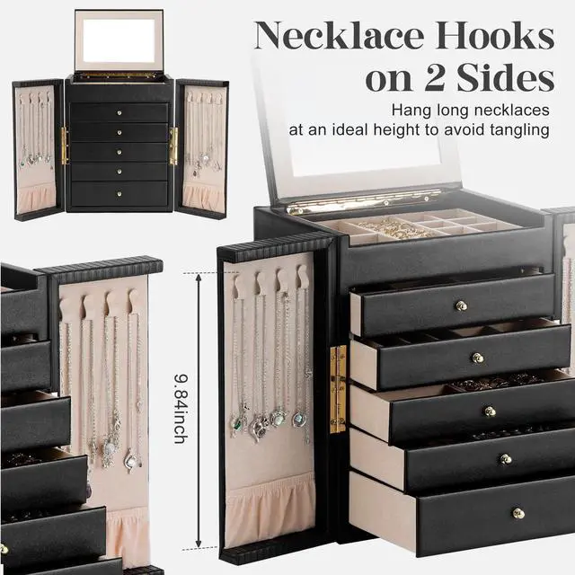Alt view image 2 of 7 - Large Jewelry Organizer Box, 6-Tier Jewelry Storage Case with 5 Drawers, Jewelry Boxes for Women Girls with Mirror, Double Door, Textured PU Leather, Gift Idea, Stylish (Black + Gold)