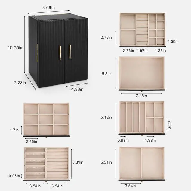 Alt view image 3 of 7 - Large Jewelry Organizer Box, 6-Tier Jewelry Storage Case with 5 Drawers, Jewelry Boxes for Women Girls with Mirror, Double Door, Textured PU Leather, Gift Idea, Stylish (Black + Gold)