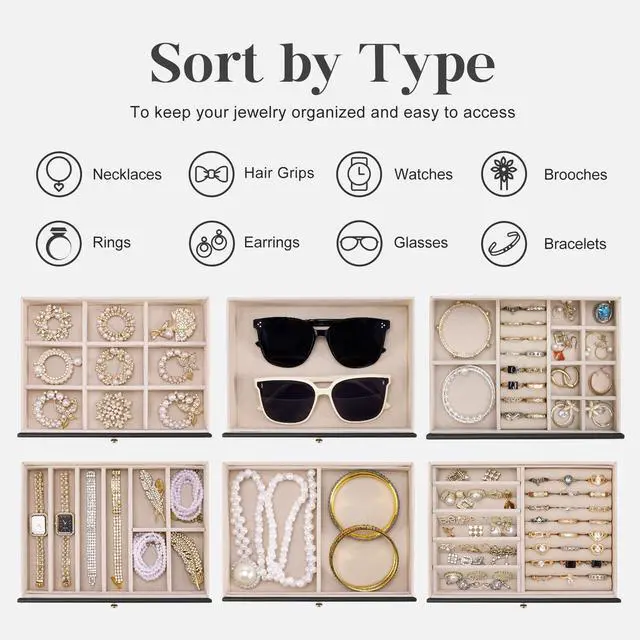 Alt view image 4 of 7 - Large Jewelry Organizer Box, 6-Tier Jewelry Storage Case with 5 Drawers, Jewelry Boxes for Women Girls with Mirror, Double Door, Textured PU Leather, Gift Idea, Stylish (Black + Gold)