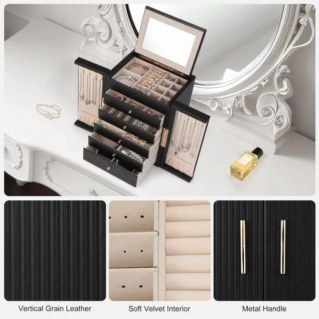 Alt view image 5 of 7 - Large Jewelry Organizer Box, 6-Tier Jewelry Storage Case with 5 Drawers, Jewelry Boxes for Women Girls with Mirror, Double Door, Textured PU Leather, Gift Idea, Stylish (Black + Gold)