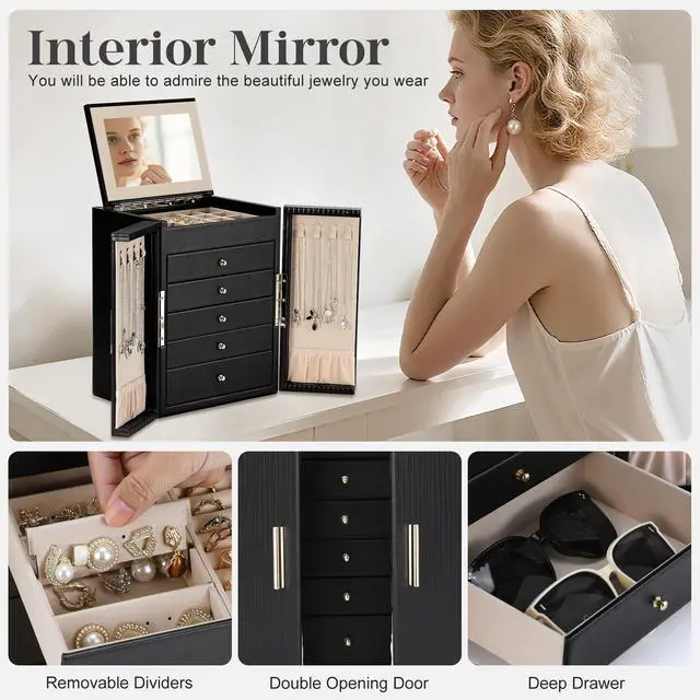 Alt view image 6 of 7 - Large Jewelry Organizer Box, 6-Tier Jewelry Storage Case with 5 Drawers, Jewelry Boxes for Women Girls with Mirror, Double Door, Textured PU Leather, Gift Idea, Stylish (Black + Gold)
