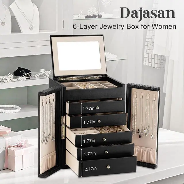 Alt view image 7 of 7 - Large Jewelry Organizer Box, 6-Tier Jewelry Storage Case with 5 Drawers, Jewelry Boxes for Women Girls with Mirror, Double Door, Textured PU Leather, Gift Idea, Stylish (Black + Gold)