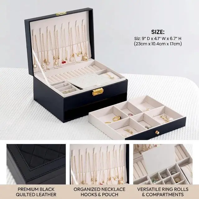 Alt view image 3 of 7 - Jewelry Box for Women Girl Wife - Large PU Leather Jewelry Organizer Storage Case with Two Layers Display for Earrings Bracelets Rings Watches Mothers Day Gifts (Black)
