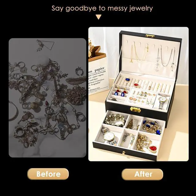 Alt view image 2 of 7 - Jewelry Box for Women Girl Wife - Large PU Leather Jewelry Organizer Storage Case with Two Layers Display for Earrings Bracelets Rings Watches Mothers Day Gifts (Black)