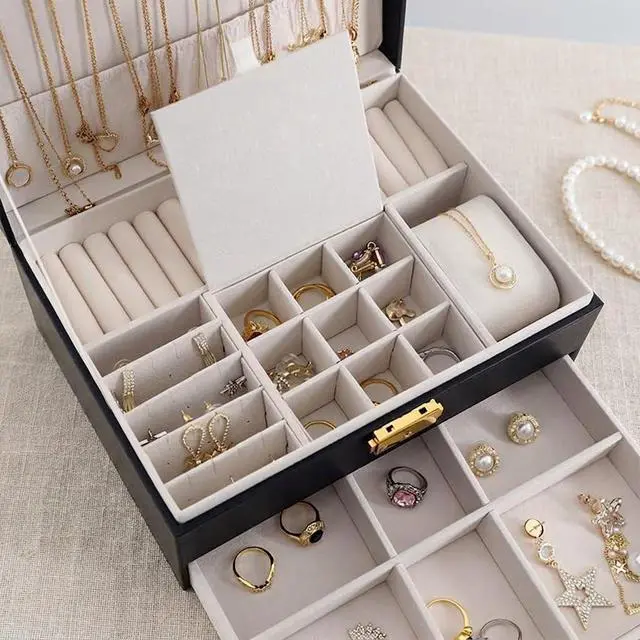 Alt view image 5 of 7 - Jewelry Box for Women Girl Wife - Large PU Leather Jewelry Organizer Storage Case with Two Layers Display for Earrings Bracelets Rings Watches Mothers Day Gifts (Black)