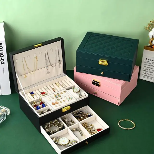 Alt view image 6 of 7 - Jewelry Box for Women Girl Wife - Large PU Leather Jewelry Organizer Storage Case with Two Layers Display for Earrings Bracelets Rings Watches Mothers Day Gifts (Black)
