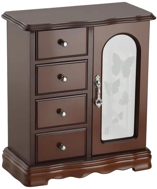 Main image of Solid Wood Jewelry Box - Large Organizer with 4 Drawers, Built-in Necklace Carousel & Large Mirror, Brown