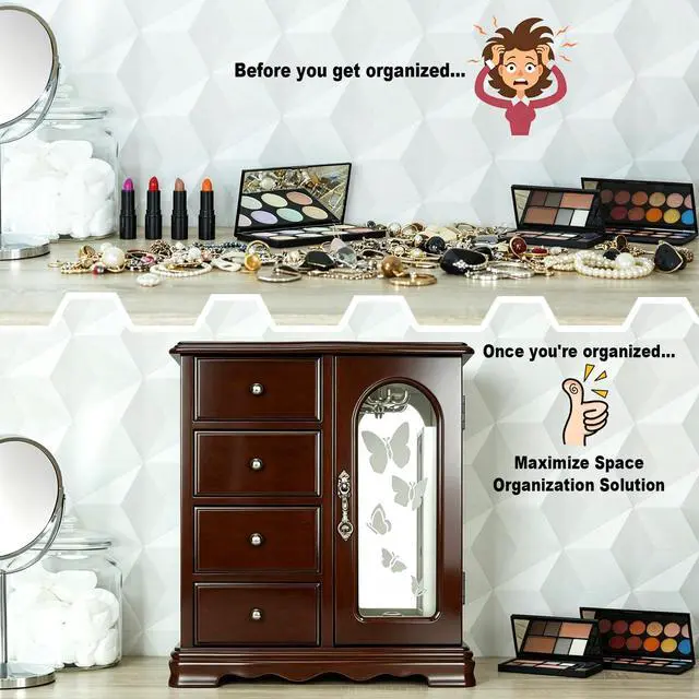 Alt view image 3 of 7 - Solid Wood Jewelry Box - Large Organizer with 4 Drawers, Built-in Necklace Carousel & Large Mirror, Brown