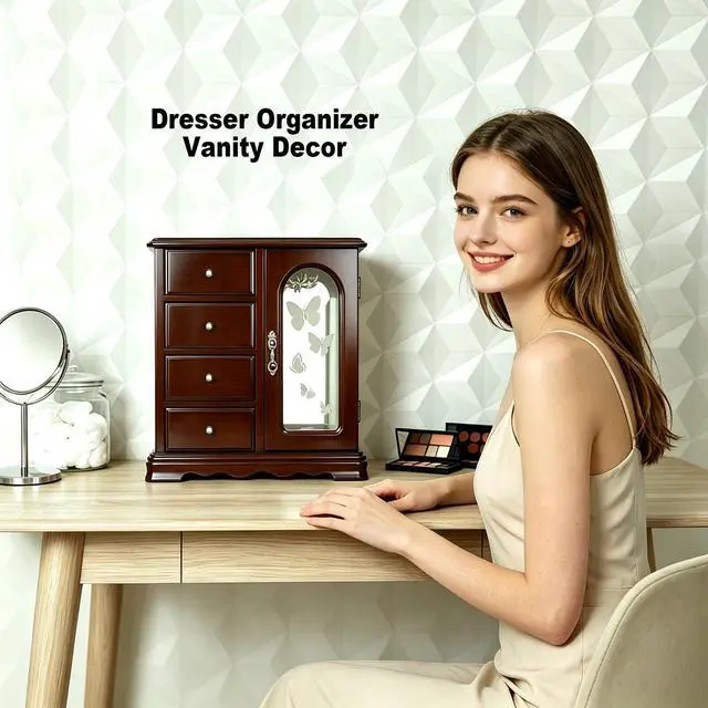Alt view image 4 of 7 - Solid Wood Jewelry Box - Large Organizer with 4 Drawers, Built-in Necklace Carousel & Large Mirror, Brown