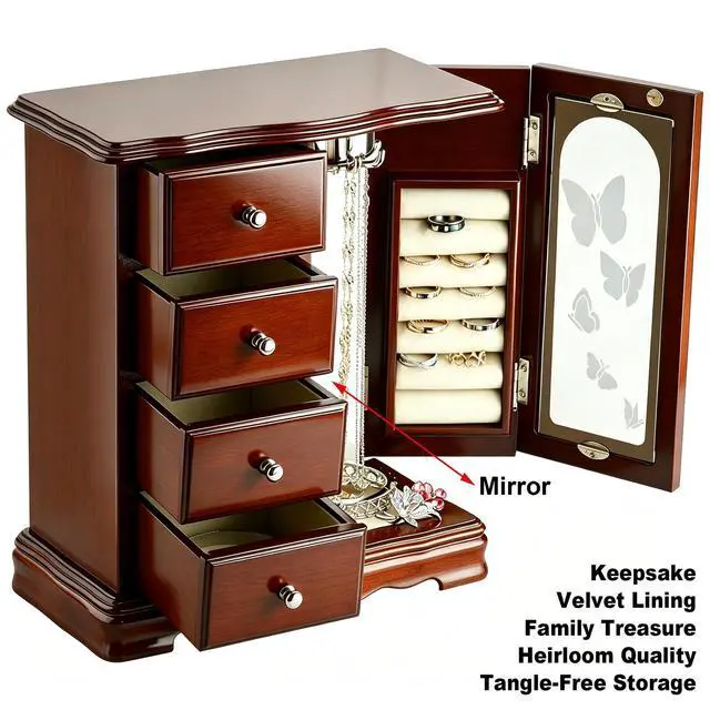 Alt view image 5 of 7 - Solid Wood Jewelry Box - Large Organizer with 4 Drawers, Built-in Necklace Carousel & Large Mirror, Brown