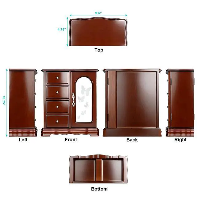 Alt view image 6 of 7 - Solid Wood Jewelry Box - Large Organizer with 4 Drawers, Built-in Necklace Carousel & Large Mirror, Brown
