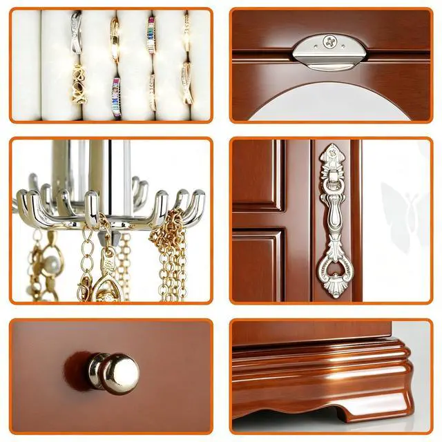 Alt view image 7 of 7 - Solid Wood Jewelry Box - Large Organizer with 4 Drawers, Built-in Necklace Carousel & Large Mirror, Brown
