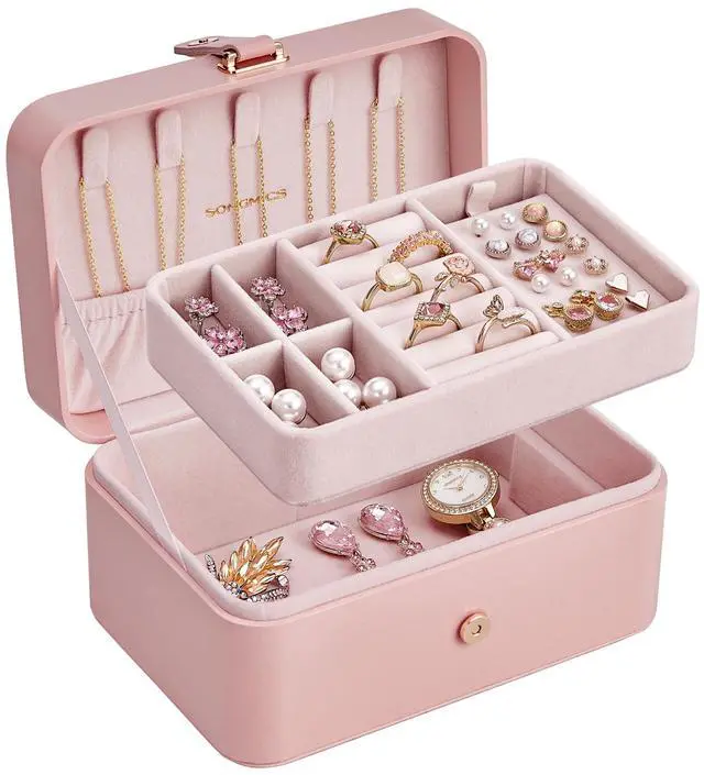 Main image of GISELLA Collection - Travel Jewelry Organizer, 2-Layer Jewelry Case Holder with Shiny Metal Hardware, Portable, Premium Velvet, for Earrings Necklaces, Jelly Pink UJBC166R01