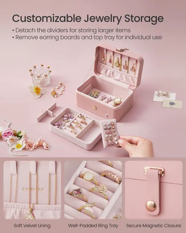 Alt view image 6 of 7 - GISELLA Collection - Travel Jewelry Organizer, 2-Layer Jewelry Case Holder with Shiny Metal Hardware, Portable, Premium Velvet, for Earrings Necklaces, Jelly Pink UJBC166R01