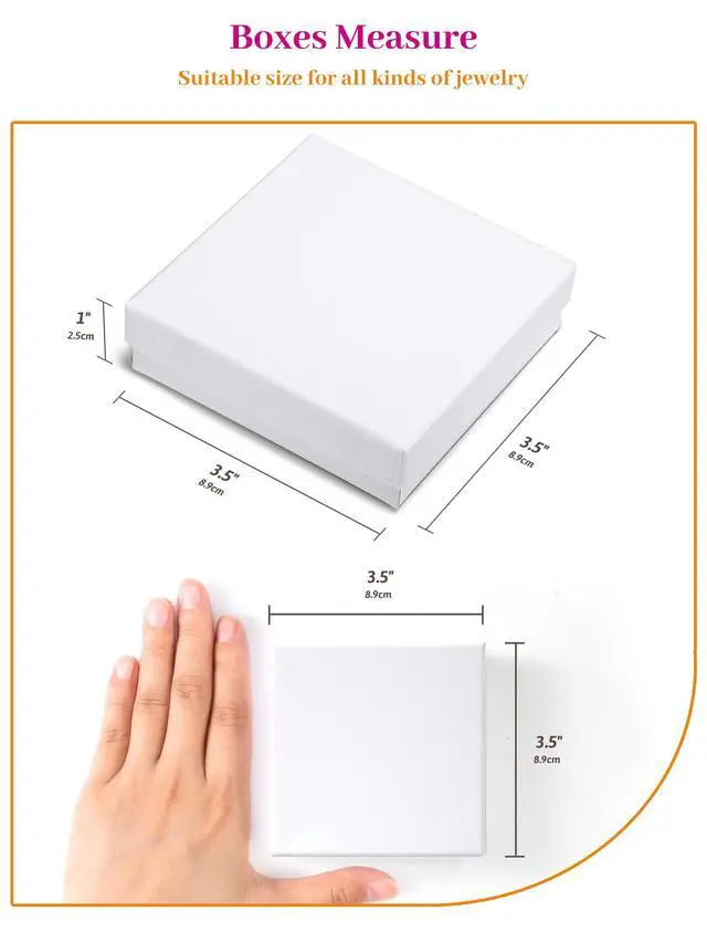 Alt view image 6 of 7 - Cardboard Jewelry Gift Boxes for shipping, Glossy Small Gift boxes for Necklace Ring Bracelet Earring Cotton Filled Jewlery Box with Lids, White 3.5x3.5x1 Inch, 20 Pieces