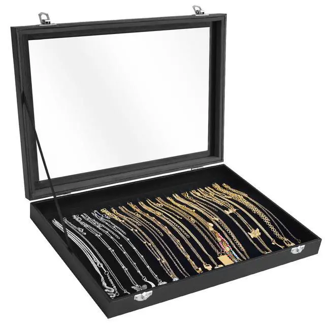 Main image of Premium Necklace Organizer Box - 20 Hooks Jewelry Tray with Transparent Lid - Display Box for Necklaces, Pendants - Suitable for Women and Girls (Black)