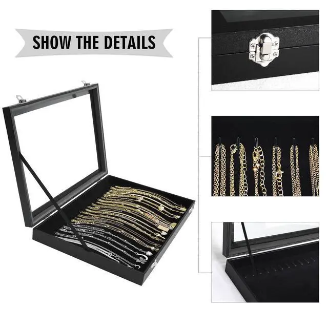 Alt view image 4 of 6 - Premium Necklace Organizer Box - 20 Hooks Jewelry Tray with Transparent Lid - Display Box for Necklaces, Pendants - Suitable for Women and Girls (Black)