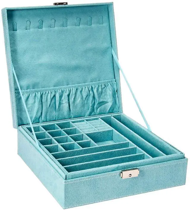 Main image of Two-Layer lint Jewelry Box Organizer Display Storage case with Lock (Blue)