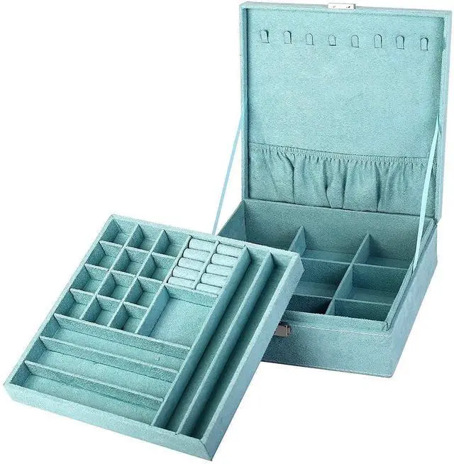 Alt view image 2 of 7 - Two-Layer lint Jewelry Box Organizer Display Storage case with Lock (Blue)