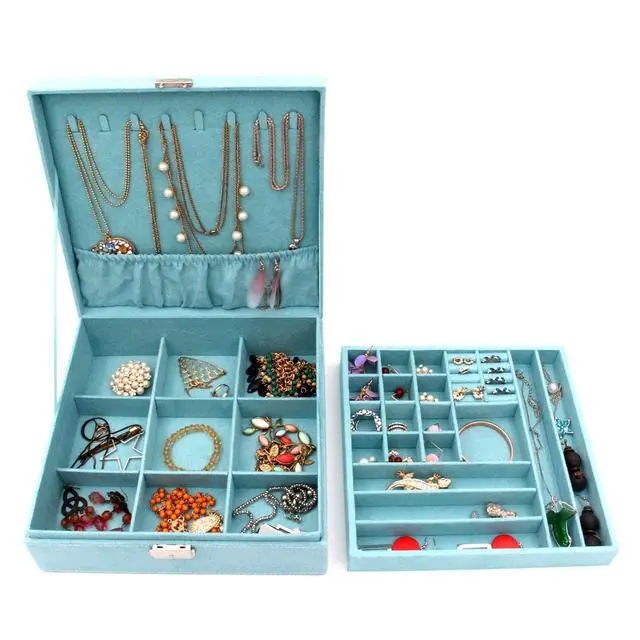 Alt view image 3 of 7 - Two-Layer lint Jewelry Box Organizer Display Storage case with Lock (Blue)
