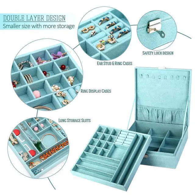 Alt view image 7 of 7 - Two-Layer lint Jewelry Box Organizer Display Storage case with Lock (Blue)