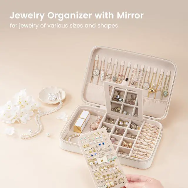 Alt view image 2 of 7 - Travel Jewelry Case for Women Girls, Travel Jewelry Organizer Box with Mirror & Clear Storage Bag, Small Portable Earring Necklace Bracelet Ring Case, Birthday Valentine Gifts -Large, White