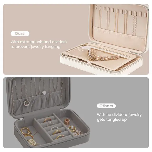 Alt view image 3 of 7 - Travel Jewelry Case for Women Girls, Travel Jewelry Organizer Box with Mirror & Clear Storage Bag, Small Portable Earring Necklace Bracelet Ring Case, Birthday Valentine Gifts -Large, White