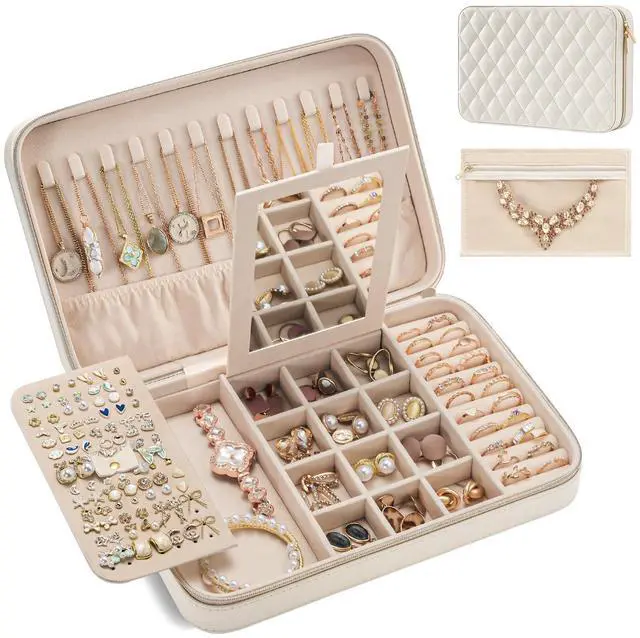 Main image of Travel Jewelry Case for Women Girls, Travel Jewelry Organizer Box with Mirror & Clear Storage Bag, Small Portable Earring Necklace Bracelet Ring Case, Birthday Valentine Gifts -Large, White